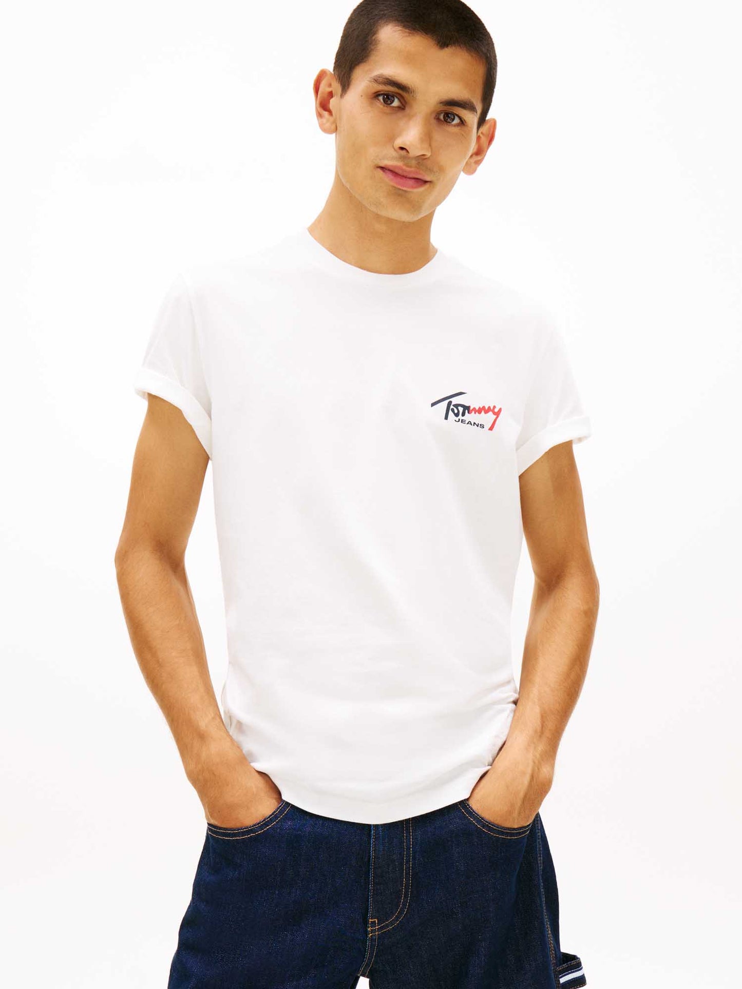 T-shirt bianca da uomo Tommy Jeans con logo ricamato e vestibilità regular