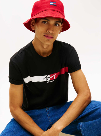 T-shirt uomo Tommy Jeans nera con logo stampato e banda a contrasto