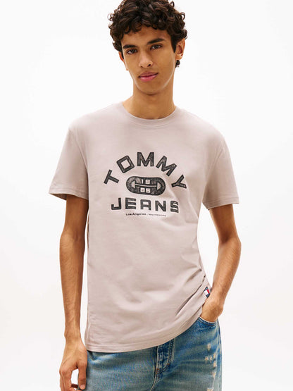 T-shirt beige Tommy Jeans con grafica logata e girocollo da uomo