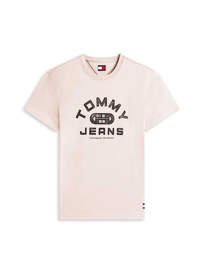T-shirt beige Tommy Jeans con grafica logata e girocollo da uomo