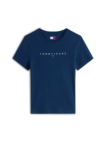 T-shirt slim fit blu Tommy Jeans con logo lineare da donna