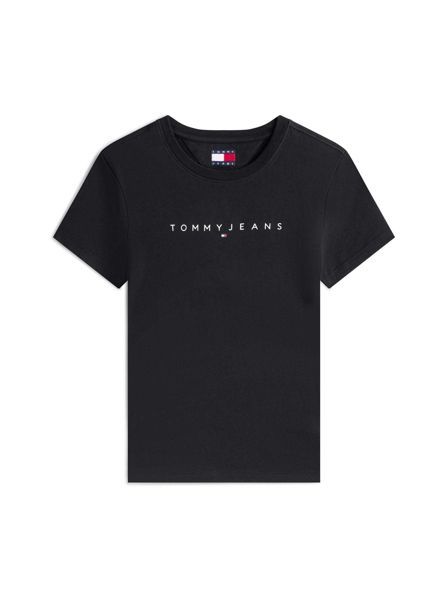 T-shirt nera slim da donna Tommy Jeans con logo lineare