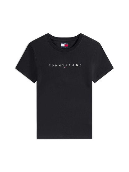 T-shirt nera slim da donna Tommy Jeans con logo lineare