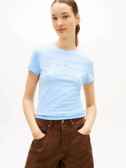 Tommy Jeans T-shirt slim da donna azzurra con logo lineare