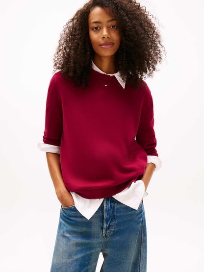 Pullover girocollo bordeaux da donna Tommy Jeans con bandierina ricamata