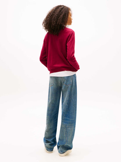 Pullover girocollo bordeaux da donna Tommy Jeans con bandierina ricamata
