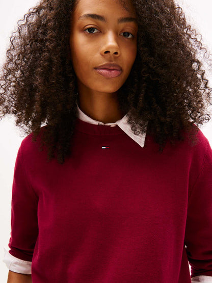 Pullover girocollo bordeaux da donna Tommy Jeans con bandierina ricamata
