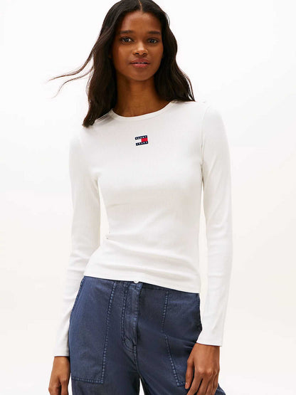 Tommy Jeans maglia slim a costine bianca da donna con logo