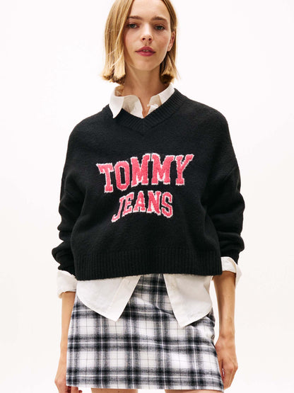 MAGLIONE VARSITY CON SCOLLO A V TOMMY JEANS DA DONNA NERO