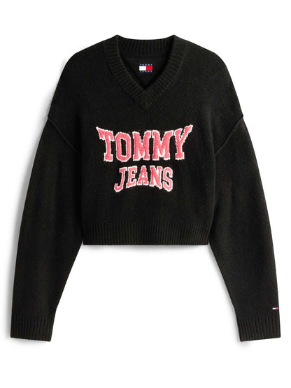 MAGLIONE VARSITY CON SCOLLO A V TOMMY JEANS DA DONNA NERO