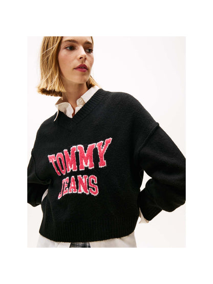 MAGLIONE VARSITY CON SCOLLO A V TOMMY JEANS DA DONNA NERO