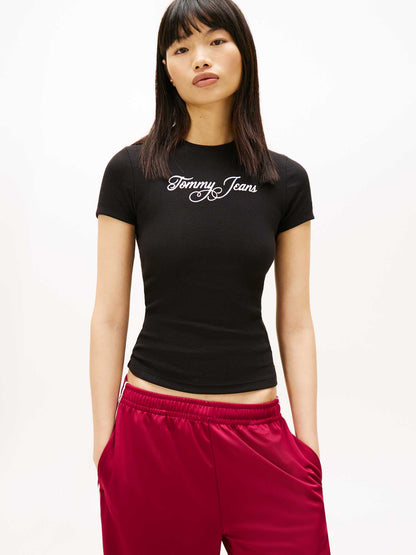 Tommy Jeans Essentials, t-shirt a coste slim da donna nera