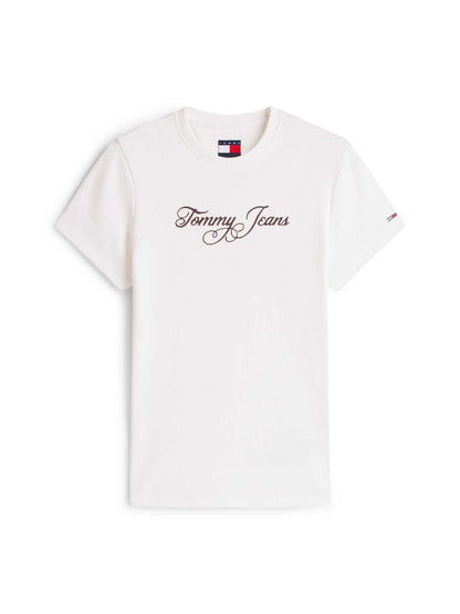 T-shirt bianca slim fit Tommy Jeans a costine con logo da donna