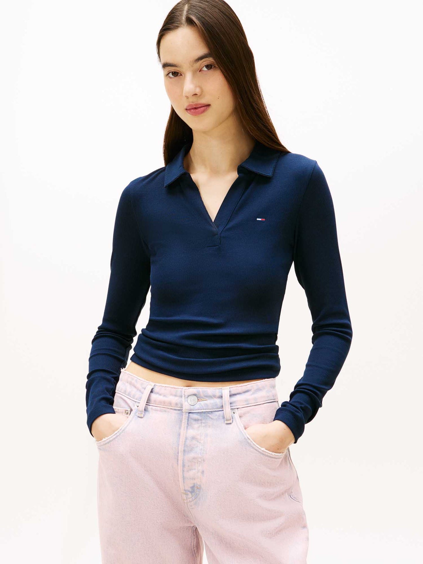 Polo a maniche lunghe slim fit blu in cotone da donna Tommy Jeans