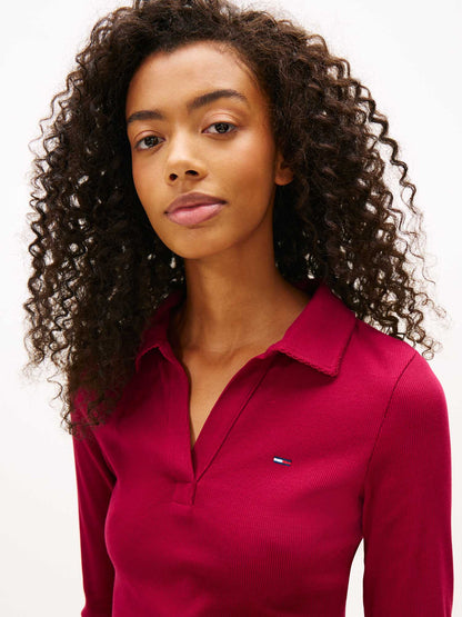 Polo maniche lunghe slim donna in cotone rosso Tommy Jeans