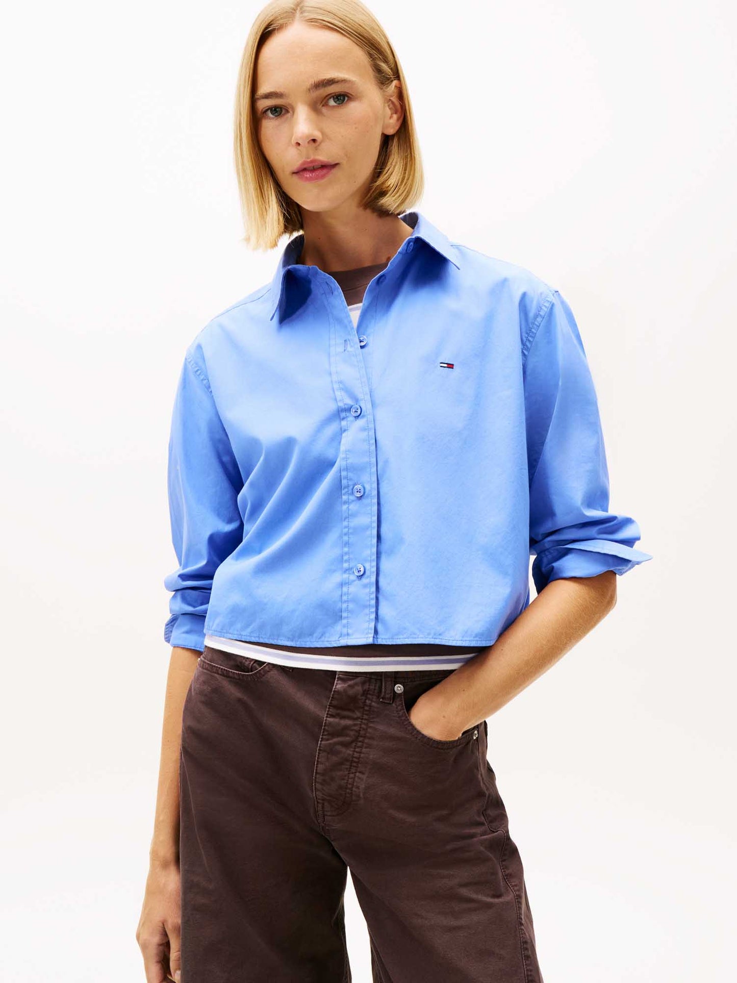 Camicia cropped azzurra in cotone da donna Tommy Jeans