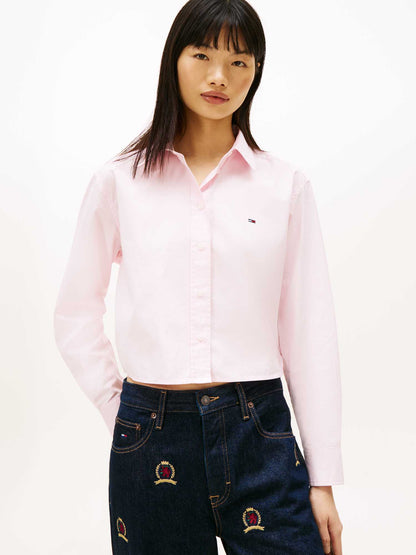 Camicia cropped rosa Tommy Jeans da donna in cotone
