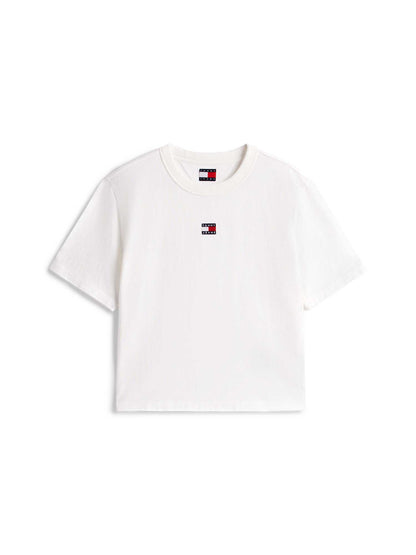T-shirt boxy bianca Tommy Jeans da donna con badge