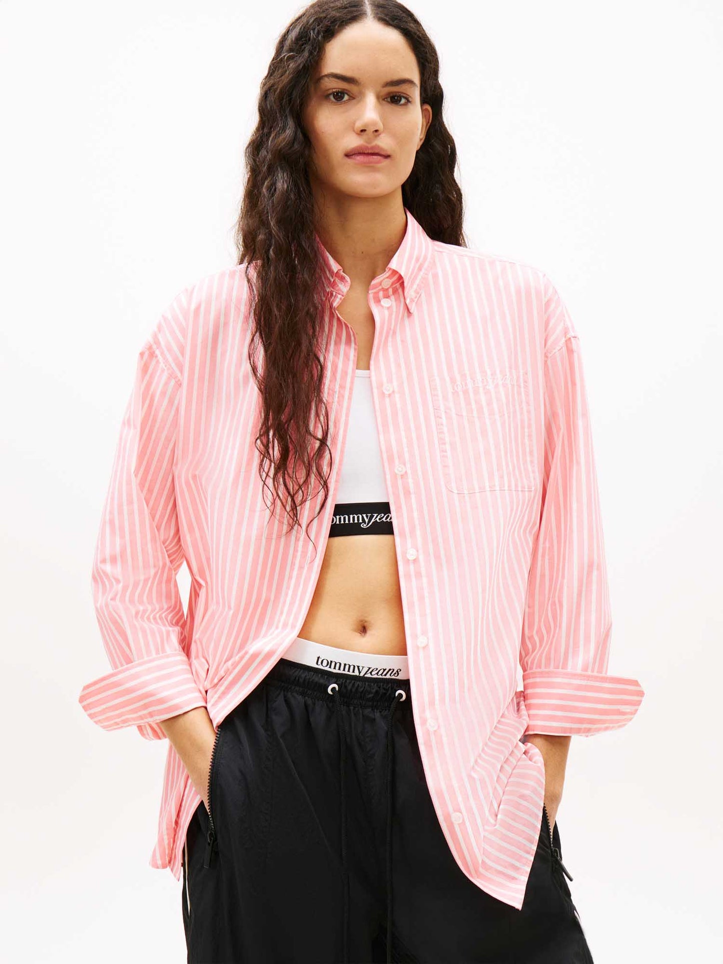 Camicia oversize a righe rosa e bianca Tommy Jeans da donna