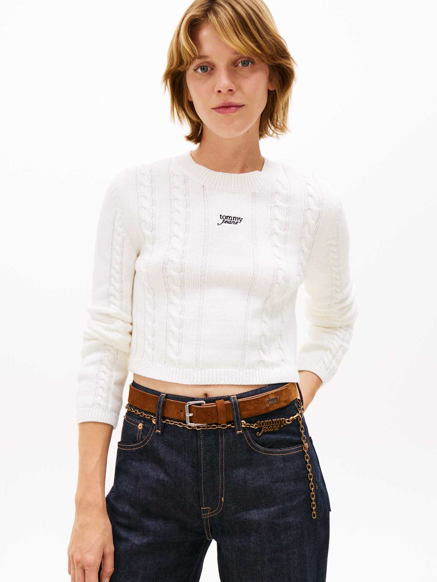 Pullover bianco Tommy Jeans in maglia intrecciata da donna