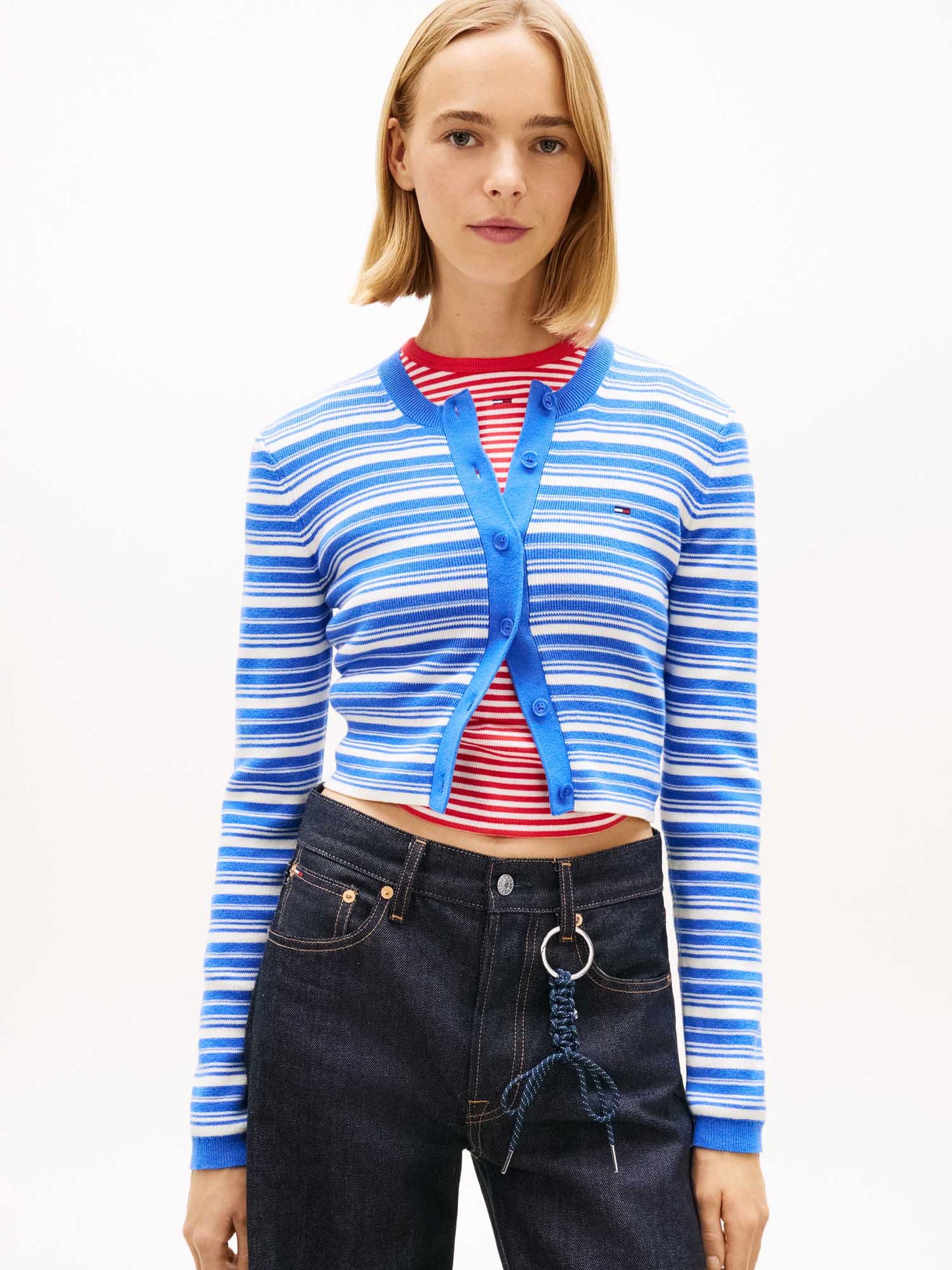 Cardigan crop a righe bianche slim fit da donna Tommy Jeans