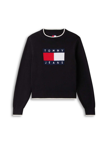 Pullover nero Tommy Jeans con bandiera ricamata da donna