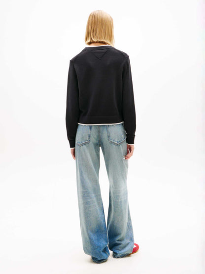 Pullover nero Tommy Jeans con bandiera ricamata da donna