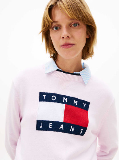 Pullover rosa Tommy Jeans da Donna con bandiera ricamata