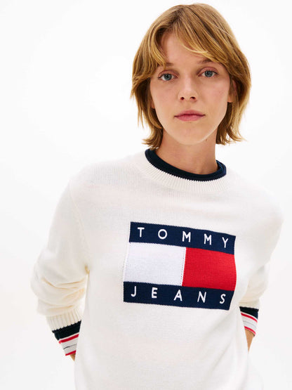 Tommy Jeans pullover da donna bianco con bandiera ricamata