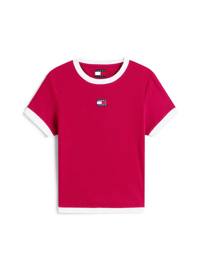 T-shirt slim rossa a coste con logo Tommy Jeans da donna