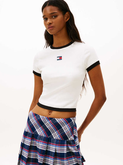 T-shirt bianca a coste slim con logo Tommy Jeans da donna
