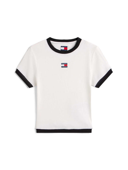 T-shirt bianca a coste slim con logo Tommy Jeans da donna