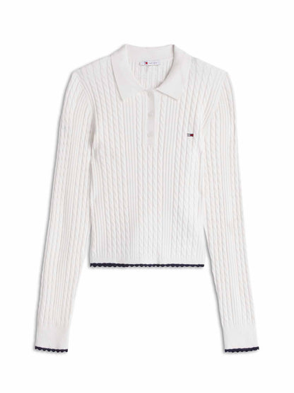 Tommy Hilfiger Micro Cable Knit Slim Polo Jumper, maglia da donna bianca