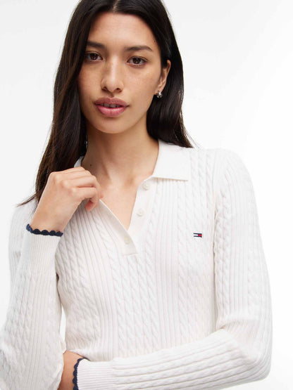 Tommy Hilfiger Micro Cable Knit Slim Polo Jumper, maglia da donna bianca
