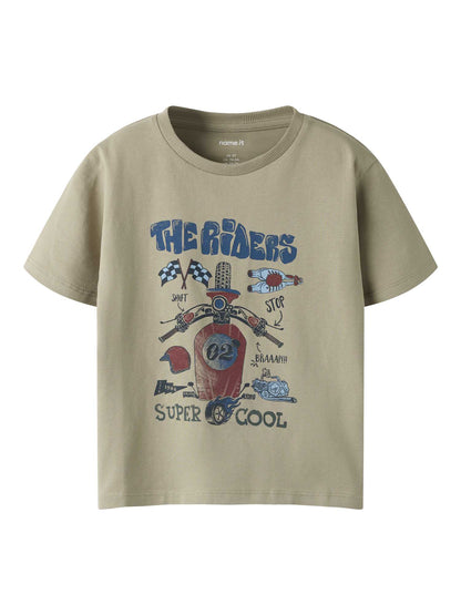 T-shirt unisex bambino Name It in cotone kaki con stampa moto vintage