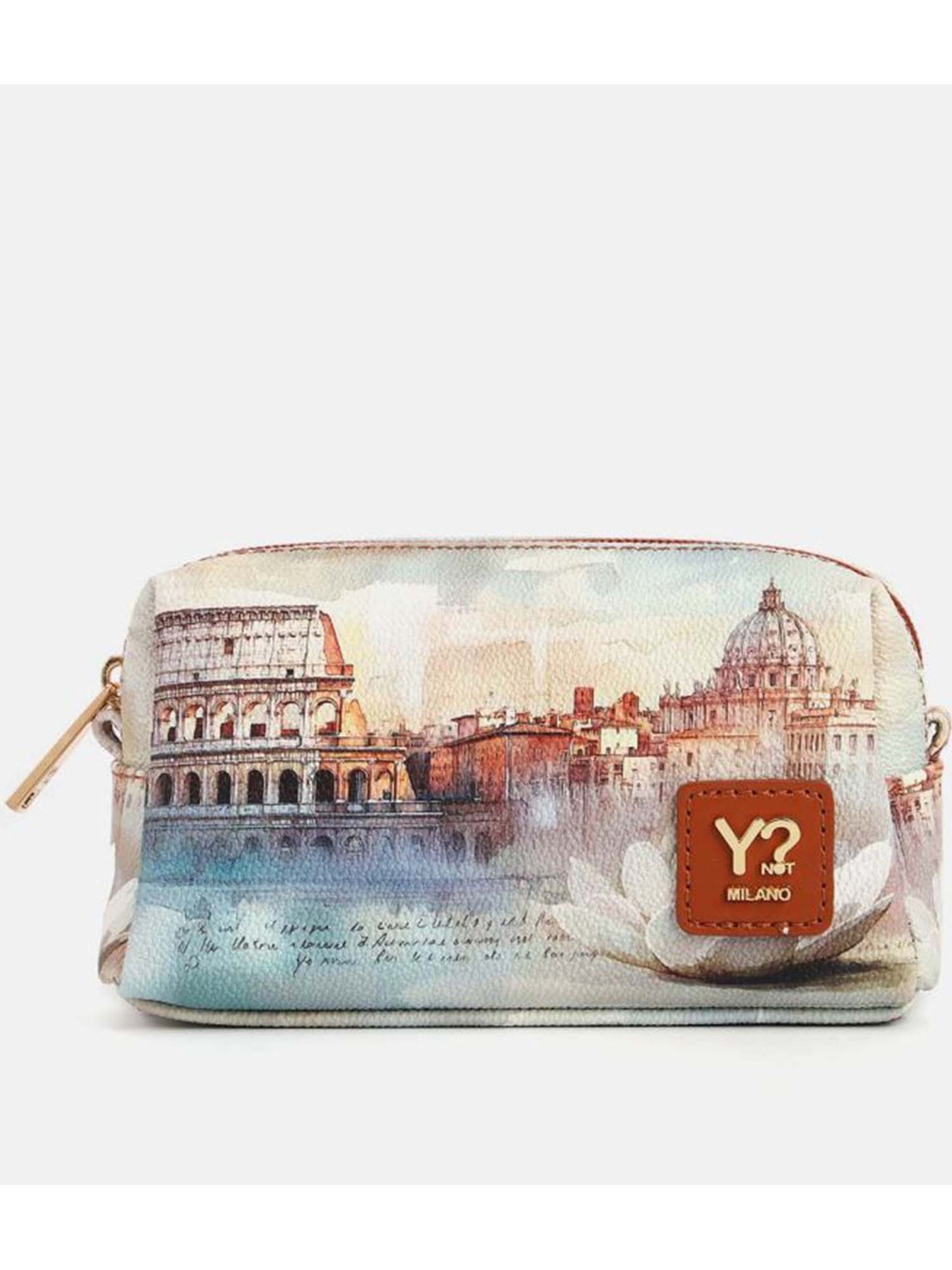 Beauty case compatto Y Not? con stampa Roma marrone da donna