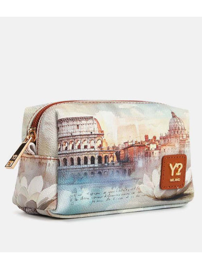 Beauty case compatto Y Not? con stampa Roma marrone da donna