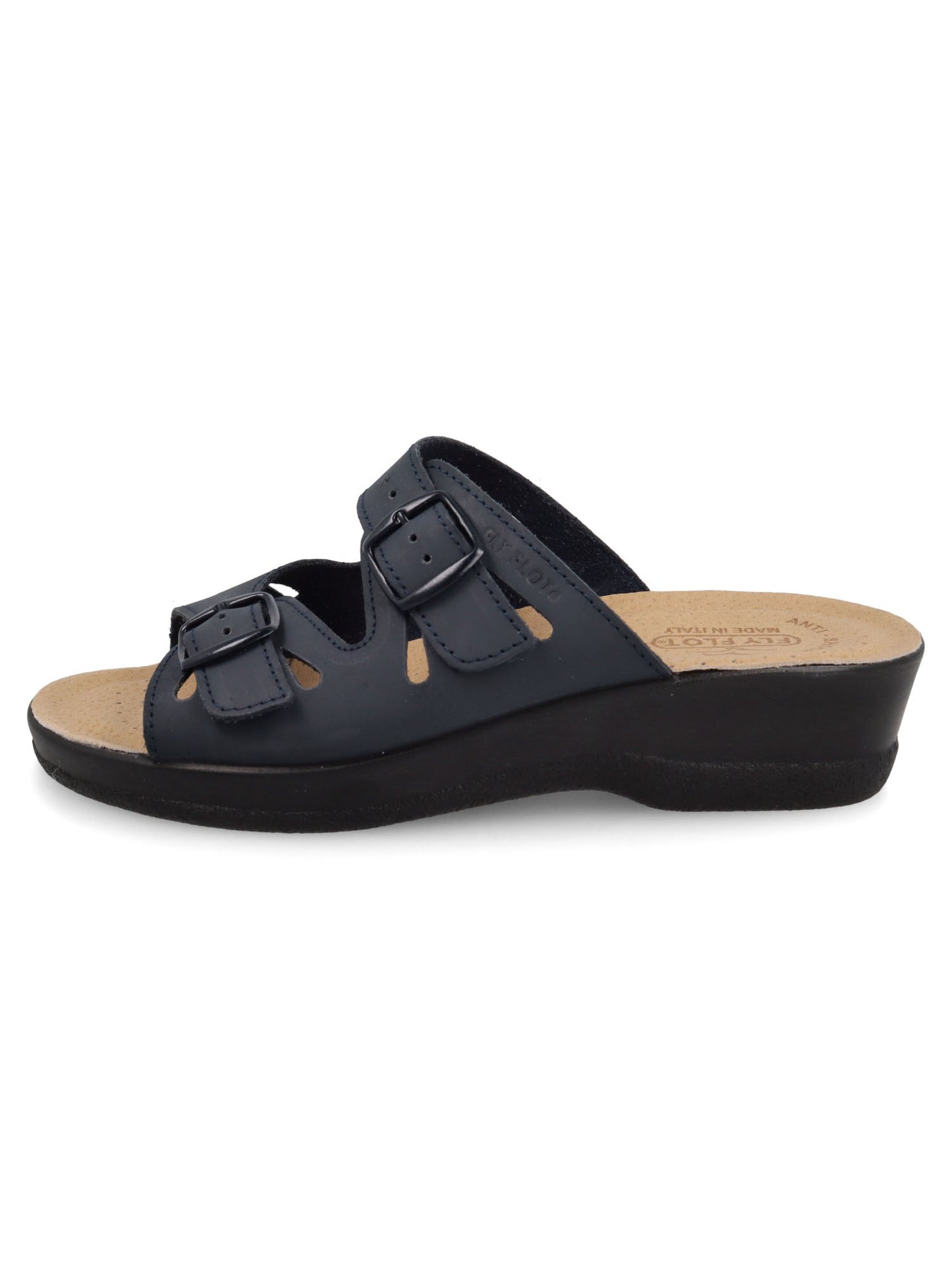 Ciabatta donna Fly Flot in cuoio blu con plantare anatomico comfort