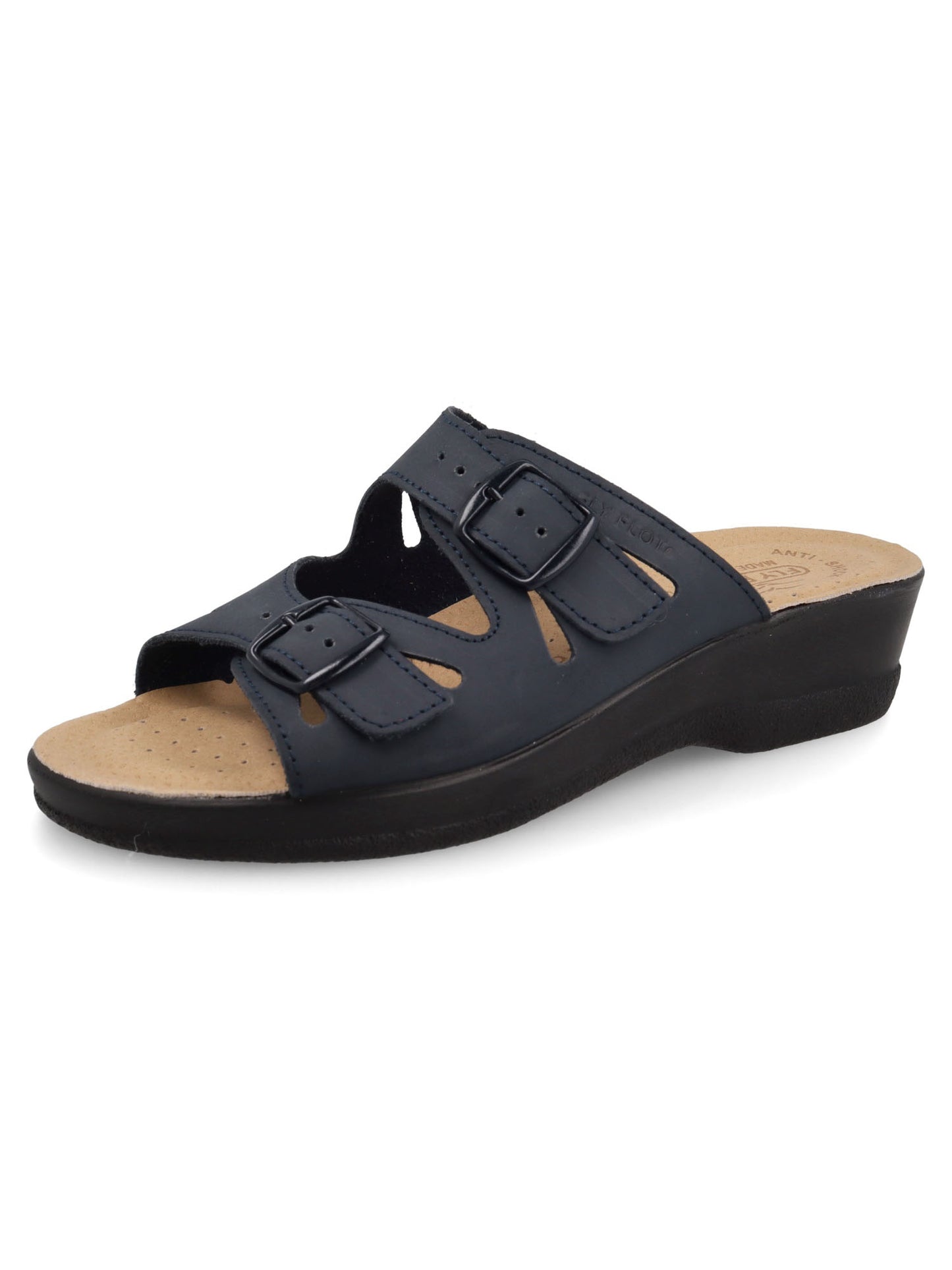 Ciabatta donna Fly Flot in cuoio blu con plantare anatomico comfort