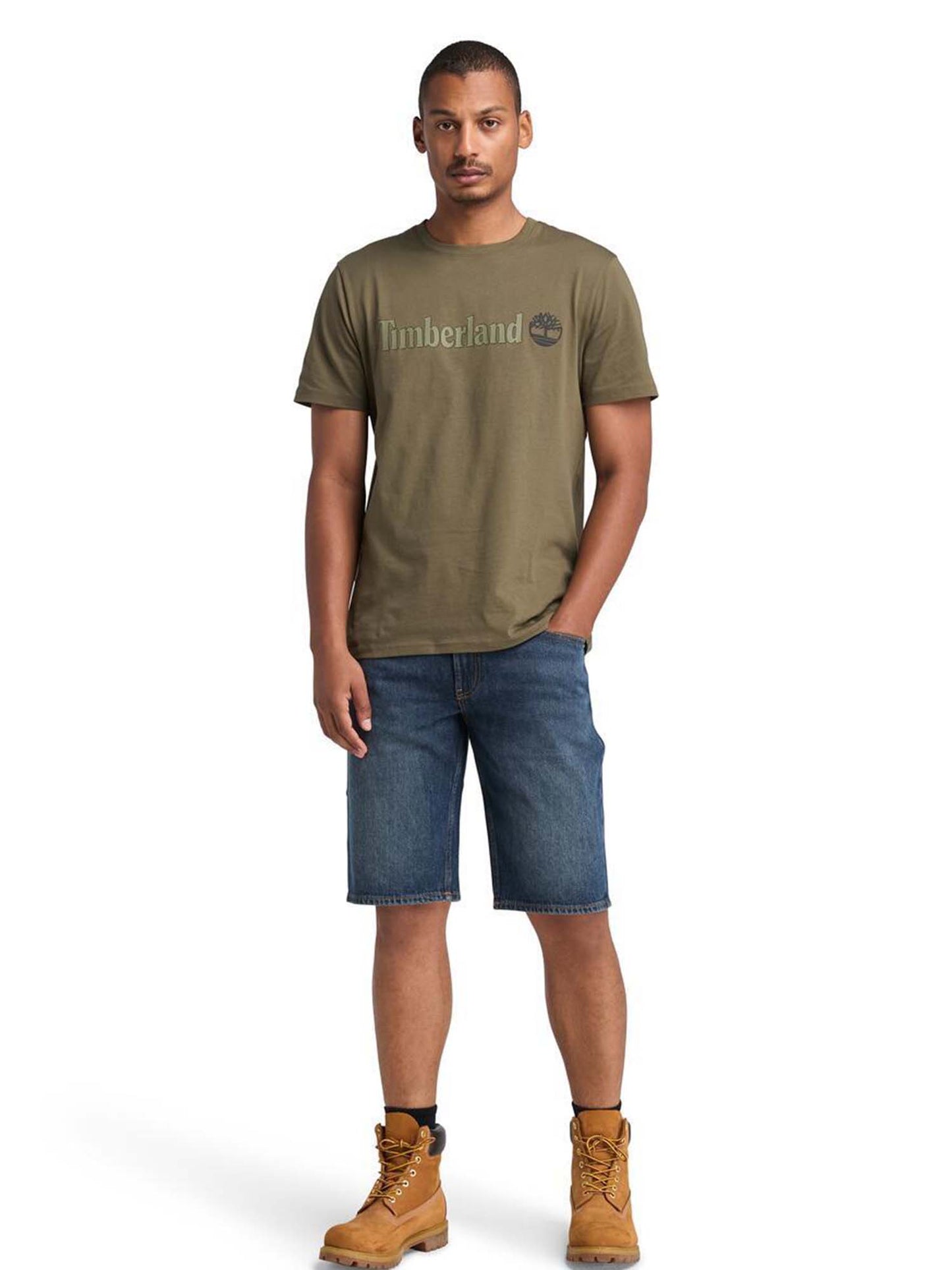 T-SHIRT CON LOGO LINEARE TIMBERLAND UOMO VERDE MILITARE
