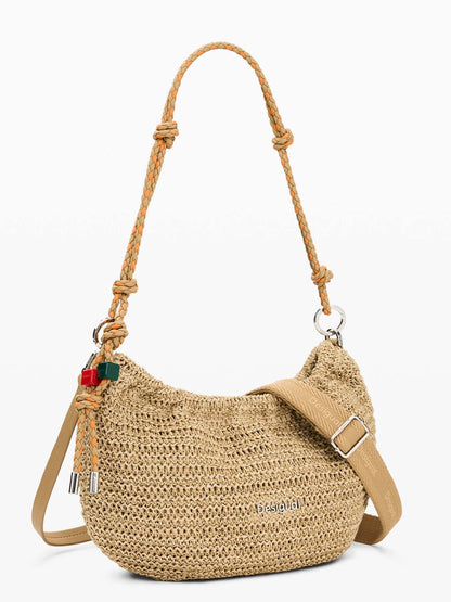 Borsa Desigual in rafia beige con charms removibili da donna