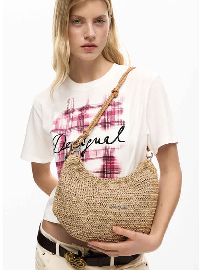 Borsa Desigual in rafia beige con charms removibili da donna