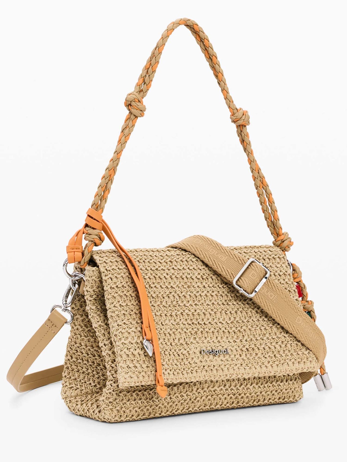 Desigual borsa flap naturale in rafia beige da donna
