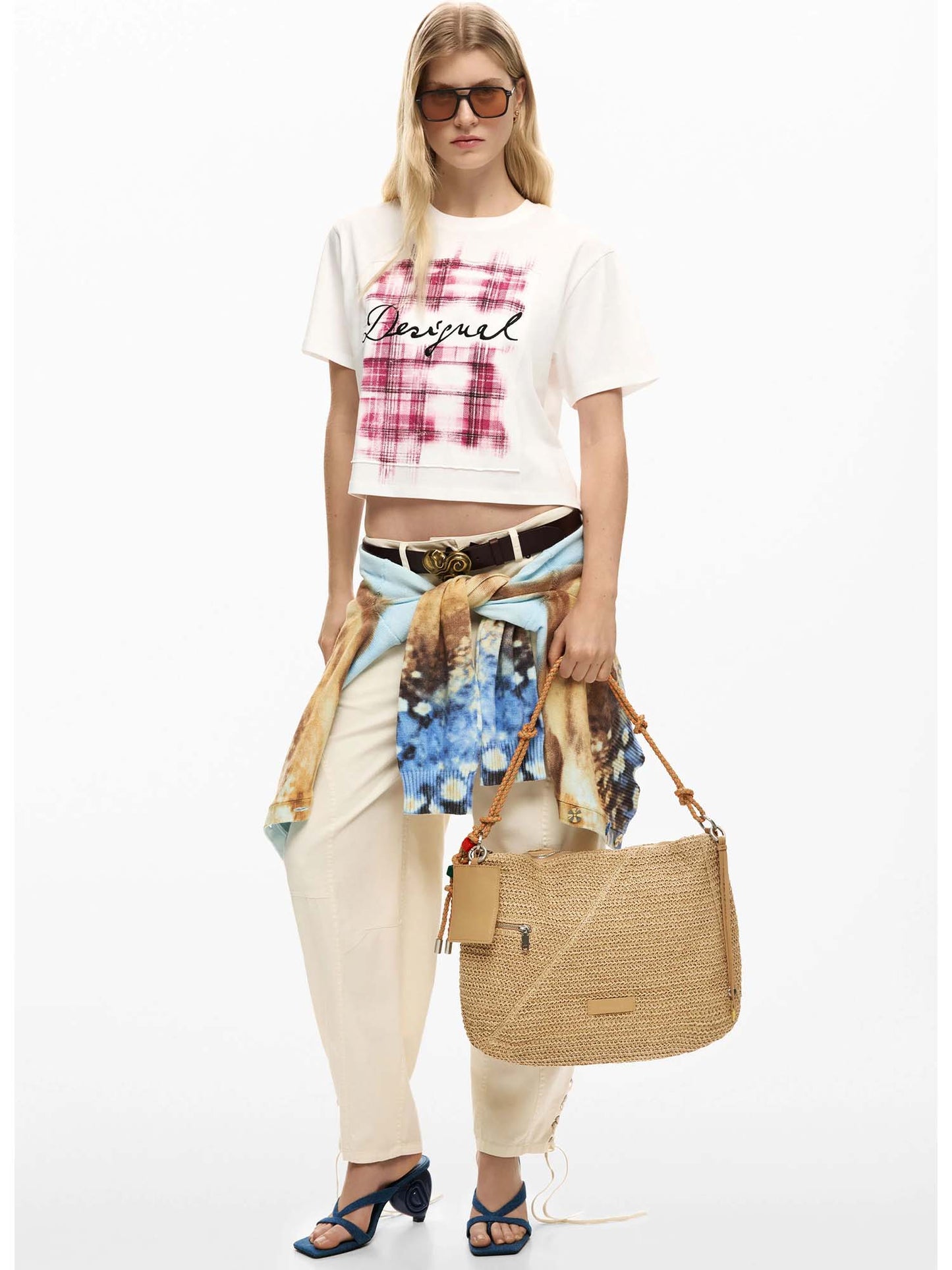 Borsa rettangolare Desigual in rafia beige da donna