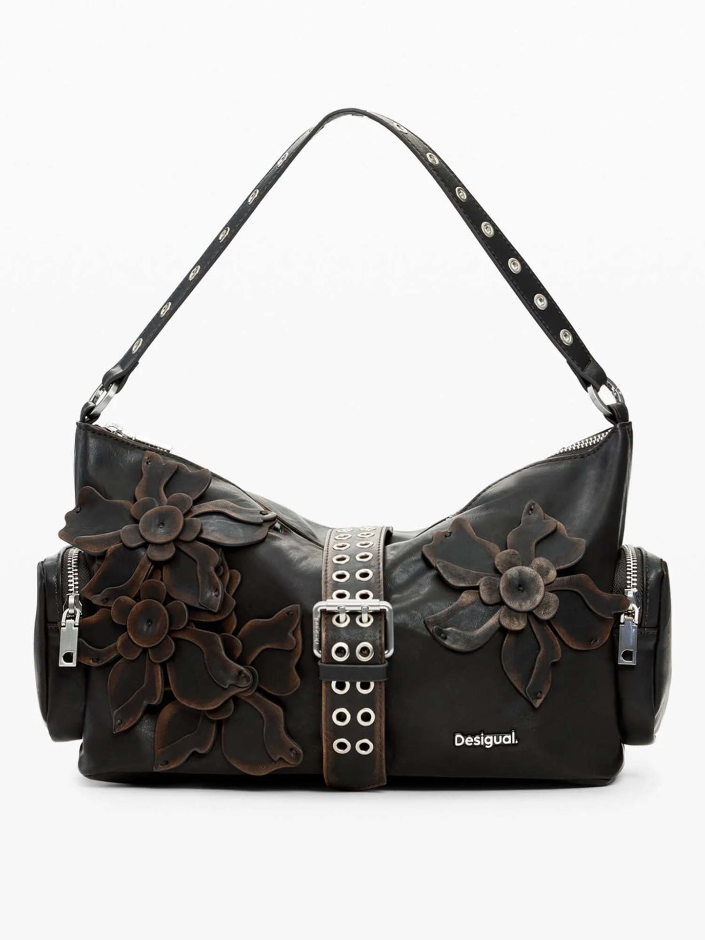 Desigual borsa media marrone con applicazioni floreali da donna