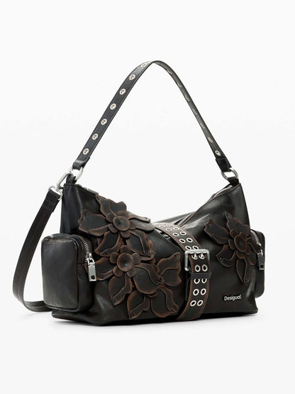 Desigual borsa media marrone con applicazioni floreali da donna