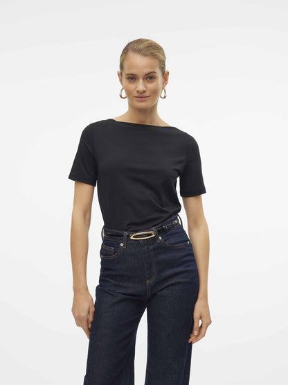 Vero Moda VMPANDA, t-shirt nera da donna con scollo a barca