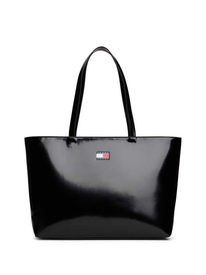 Tommy Jeans Must Tote, borsa a spalla donna nera effetto lucido