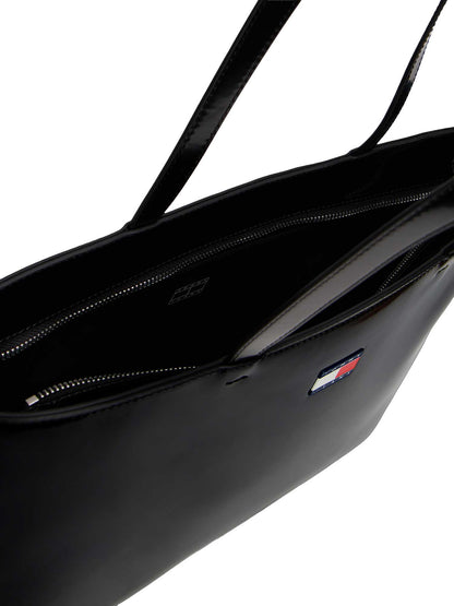 Tommy Jeans Must Tote, borsa a spalla donna nera effetto lucido