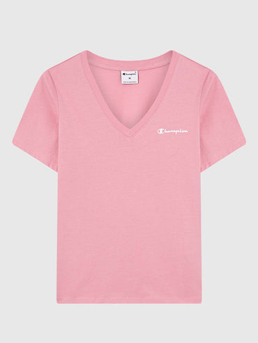 T-shirt donna Champion con scollo a V rosa in stile slim